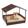 Wicker Dog House, Elevated Rattan Dog Bed with Canopy and Washable Cushion Cover, Indoor Outdoor Raised Pet House for Small Medium Dogs Cats, Brown