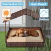 Wicker Dog House, Elevated Rattan Dog Bed with Canopy and Washable Cushion Cover, Indoor Outdoor Raised Pet House for Small Medium Dogs Cats, Brown