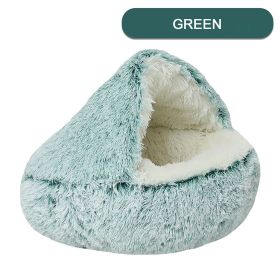 Luxurious Plush Round Cat Bed Cat Bed Round Soft Plush Burrowing Cave Hooded Cat Bed Donut For Dogs Cats - Semi-Enclosed For Cozy Warmth (Color: Green, size: 80cm)