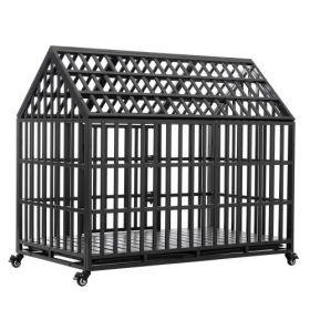 52" Heavy Duty Dog Crate Large Dog cage Strong Metal Dog Kennels and Crates for Large Dogs with 4 Lockable Wheels (Color: Black)