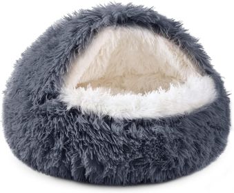 Cat Bed Round Soft Plush Burrowing Cave Hooded Cat Bed Donut for Dogs & Cats, Faux Fur Cuddler Round Comfortable Self Warming pet Bed (Color: Gray, size: 20 'for cat up to 15 lbs)