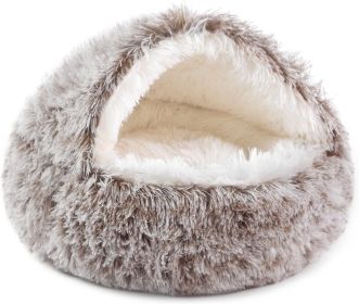 Cat Bed Round Soft Plush Burrowing Cave Hooded Cat Bed Donut for Dogs & Cats, Faux Fur Cuddler Round Comfortable Self Warming pet Bed (Color: Beige, size: 20 'for cat up to 15 lbs)