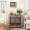 Furniture Style Dog Crate Side Table on Wheels with Double Doors and Lift Top. Rustic Brown, 31.50'' W x 22.05'' D x 25'' H.